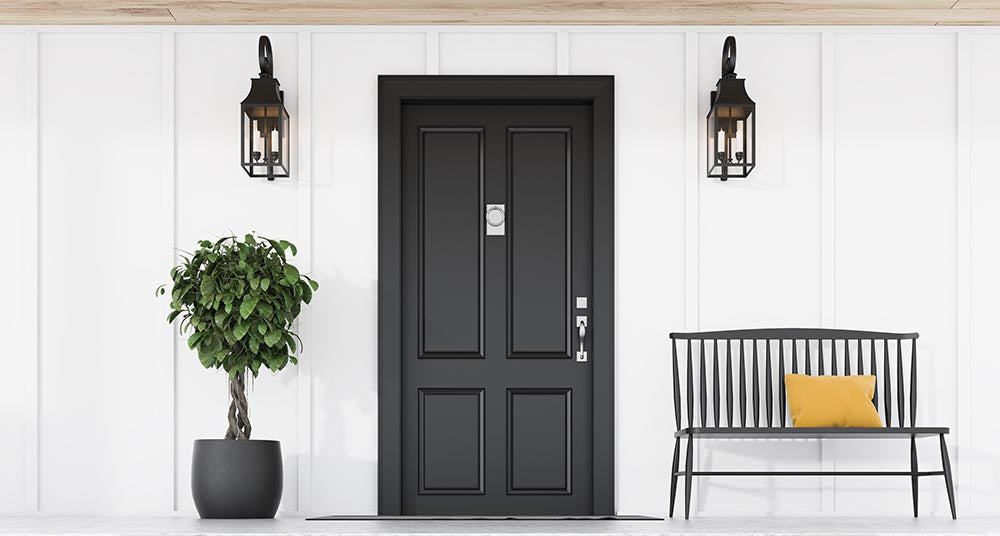 White house, exterior, with black door.  