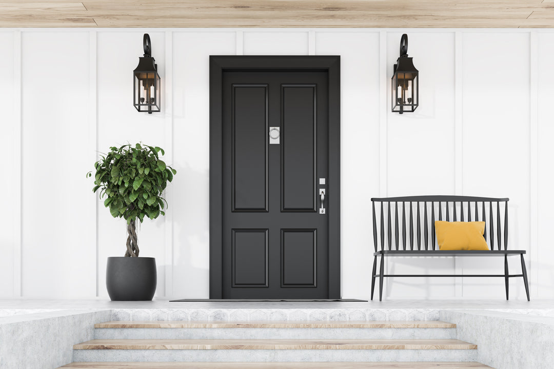 Green Living Supply, Sustainable living products for any lifestyle.  Black front door, against white house.