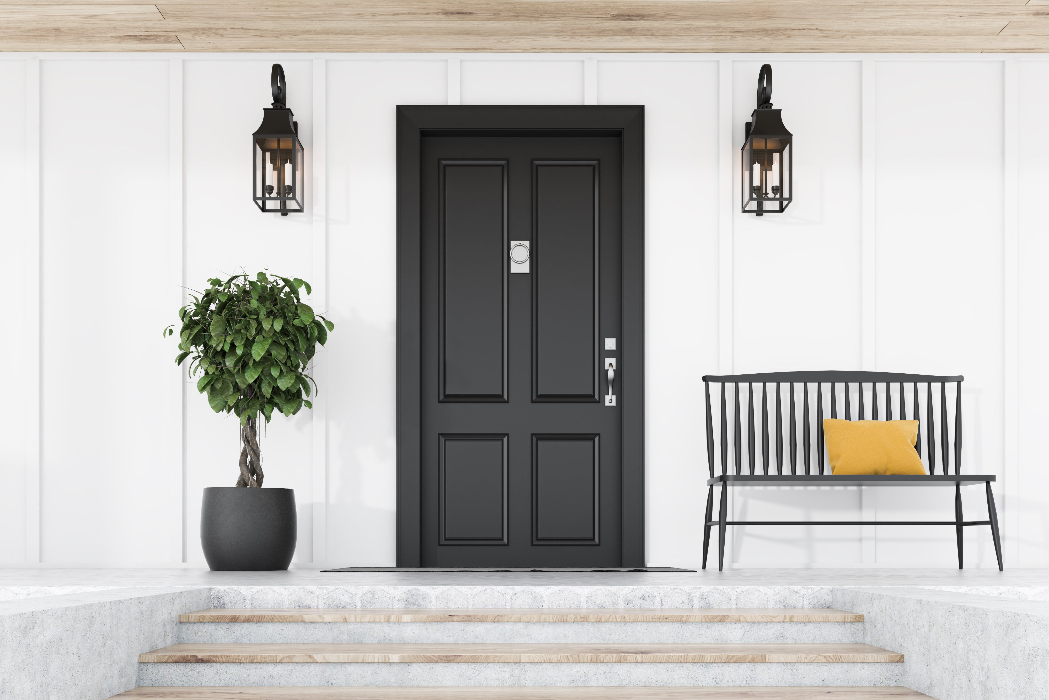 Green Living Supply, Sustainable living products for any lifestyle.  Black front door, against white house.