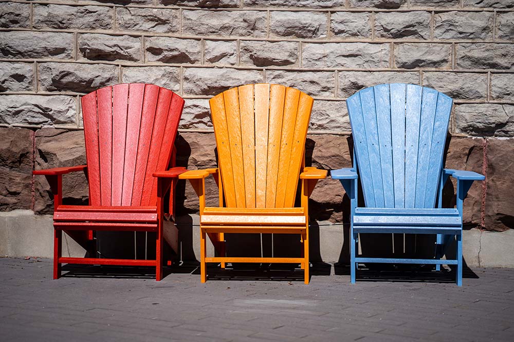 Adirondack Chairs, Red, Orange, Blue chairs sold at green living supply