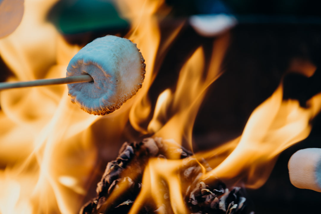 marshmallow on a stick roasting over an open fire pit, fire pit party, outdoor, outdoor furniture