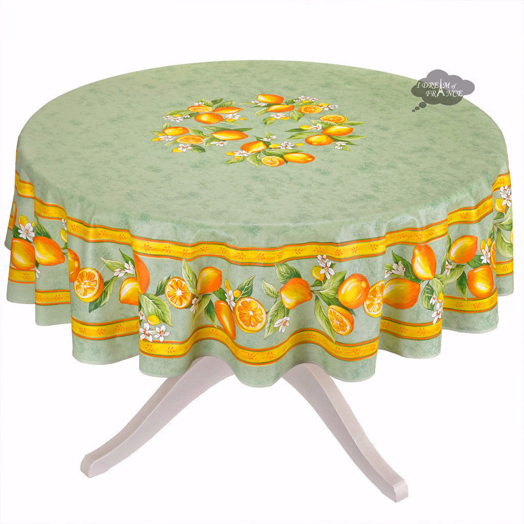 French Provencal tablecloth - Cotton, natural or acrylic-coated - 70" round - Lemon green | Tissus Toselli - MADE IN FRANCE