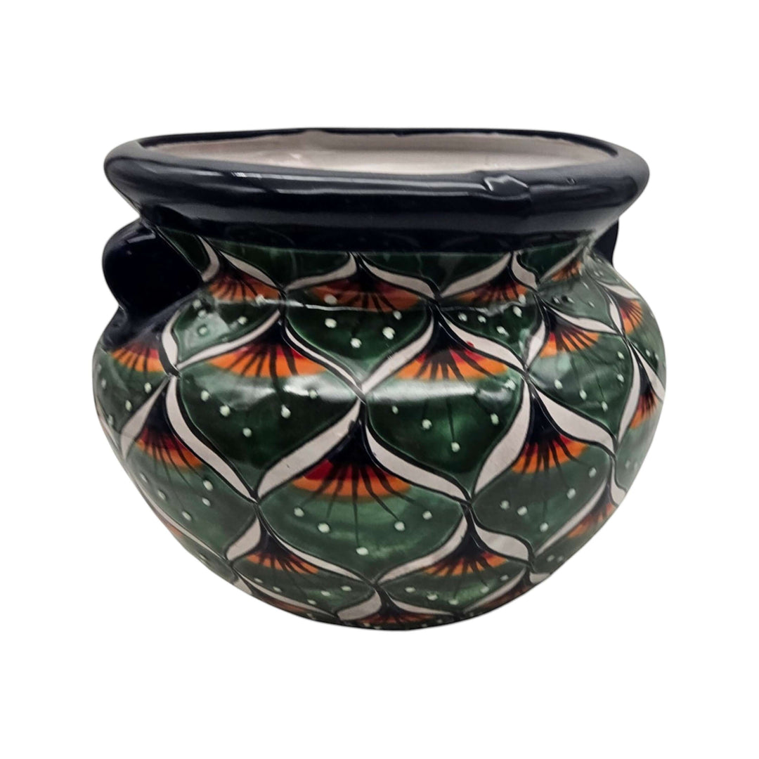 Vibrant Talavera Flower Pot | Green Peacock Design