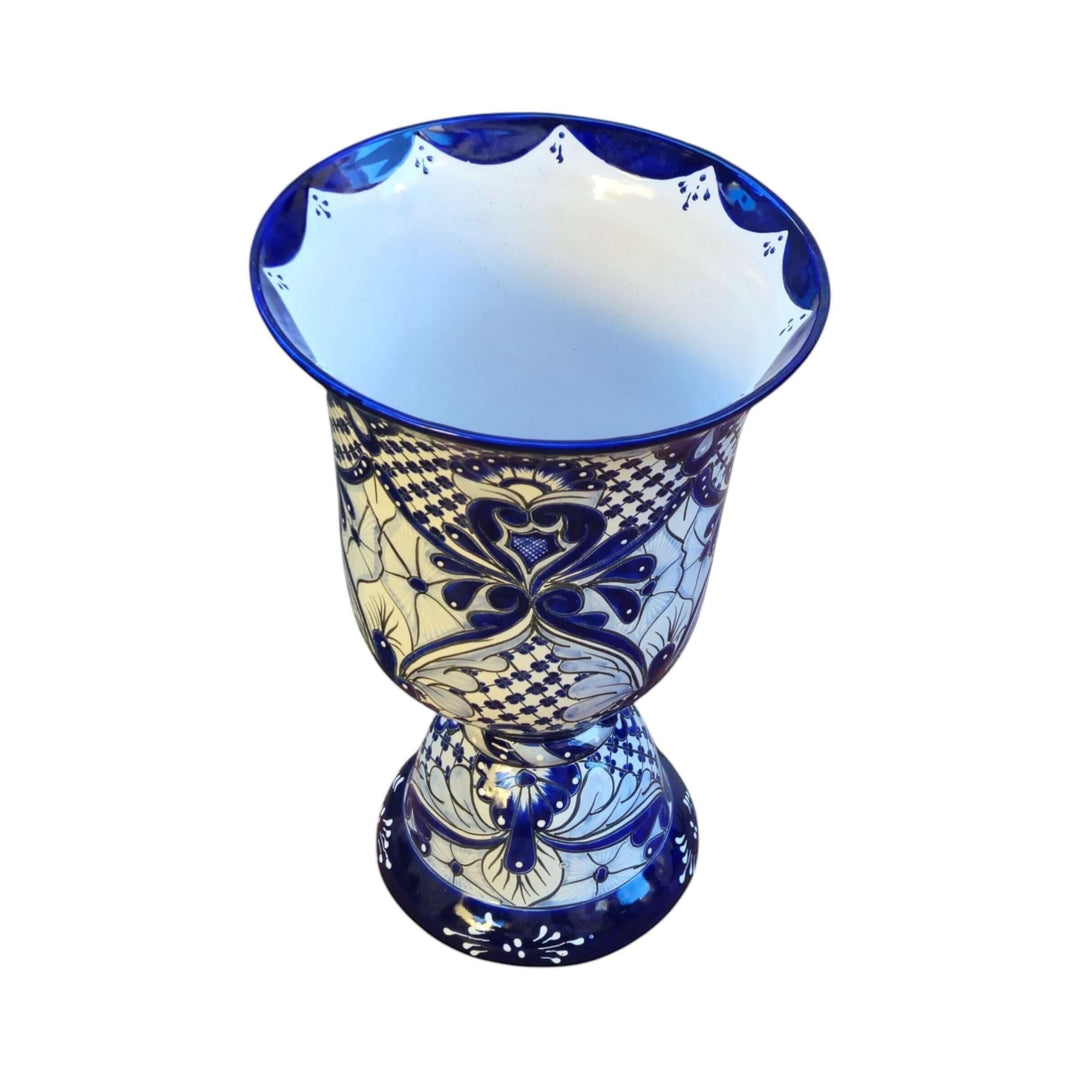 Extra Large Talavera Planter | Hand-Painted Blue Pedestal Flower Pot