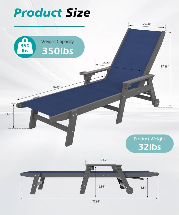 Lounge Chair Outdoor, HDPE Chaise Lounge with Wheels and 5-Position Recliner