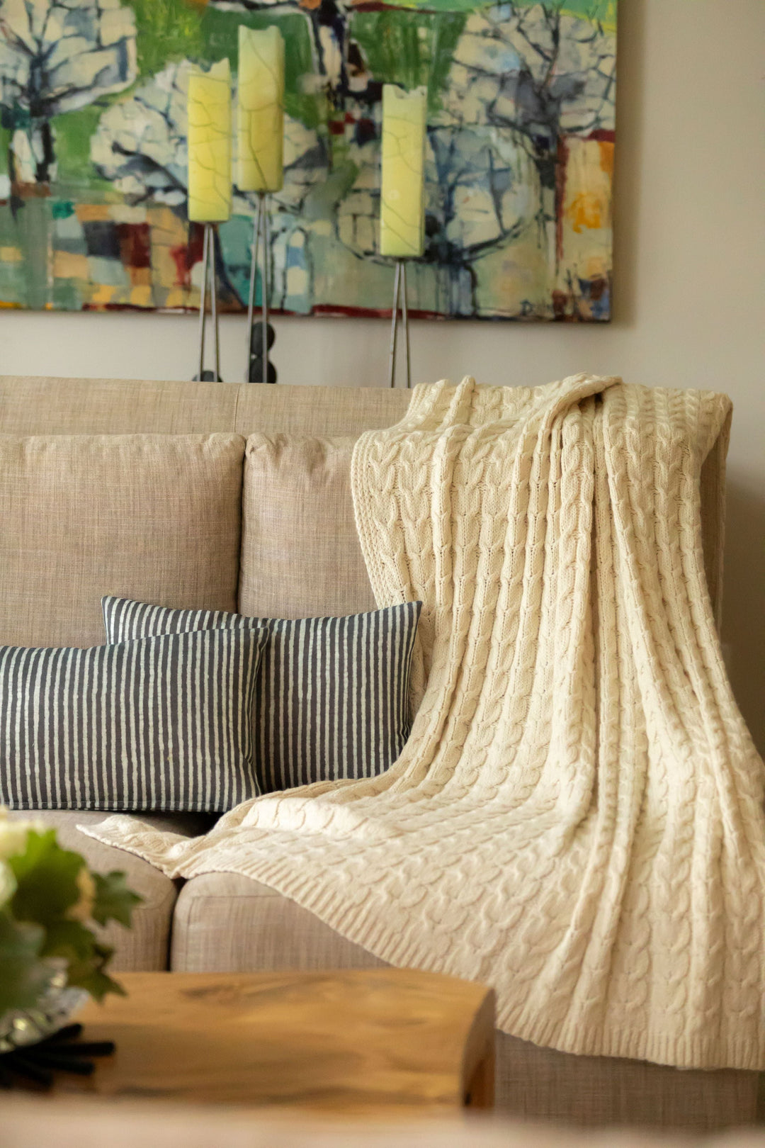 Muru Collection - Pima Cotton &amp; Undyed Baby Alpaca Ivory Cable Throw