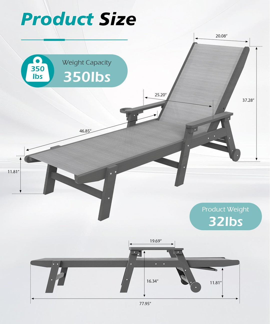 Lounge Chair Outdoor, HDPE Chaise Lounge with Wheels and 5-Position Recliner