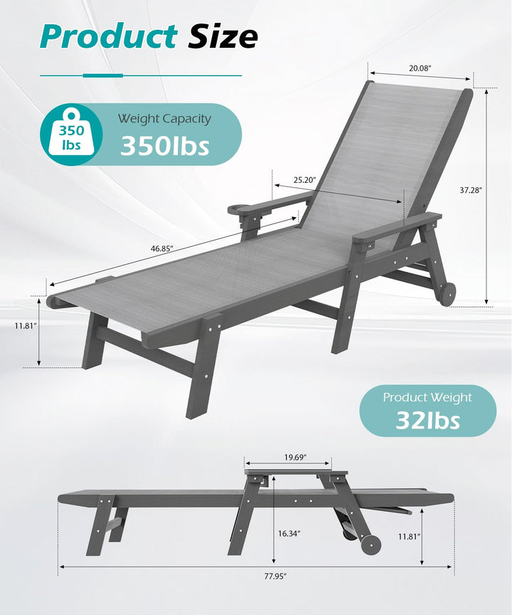 Lounge Chair Outdoor, HDPE Chaise Lounge with Wheels and 5-Position Recliner