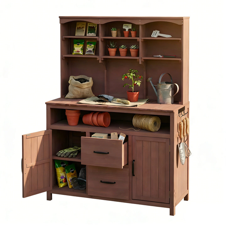 TOPMAX Large Fir Wood Potting Bench with Hutch and Storage