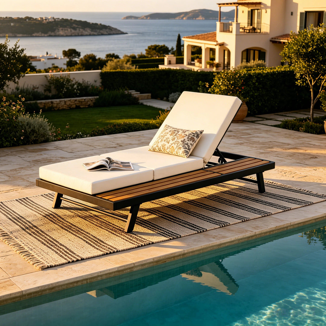 Black Iron + Teak Finish Chaise Lounge Set