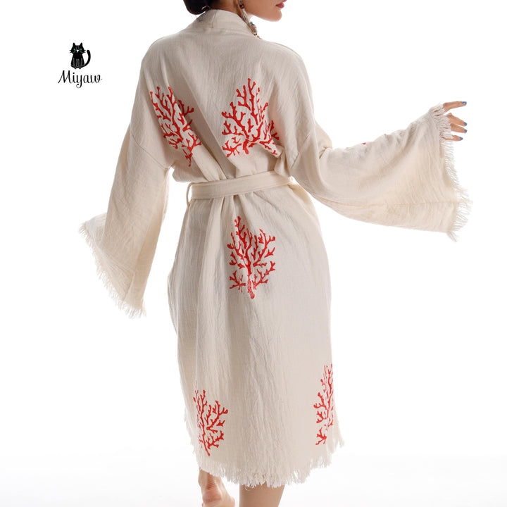 Organic Cotton Red Sea Coral Beach Kimono: Eco-Friendly Handmade Robe