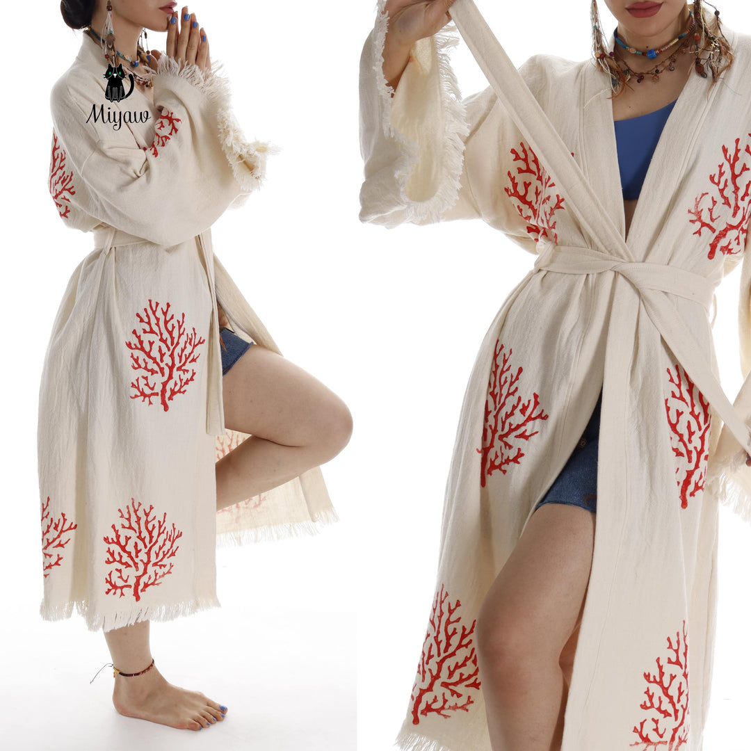 Organic Cotton Red Sea Coral Beach Kimono: Eco-Friendly Handmade Robe