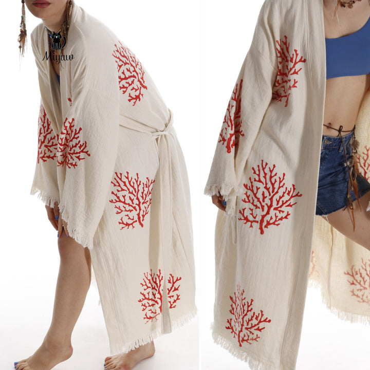 Organic Cotton Red Sea Coral Beach Kimono: Eco-Friendly Handmade Robe