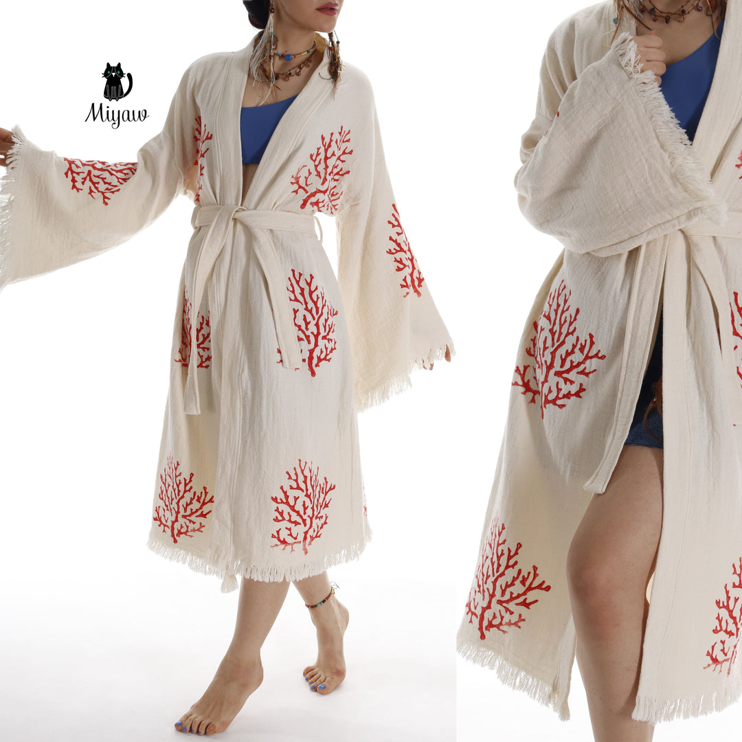 Organic Cotton Red Sea Coral Beach Kimono: Eco-Friendly Handmade Robe