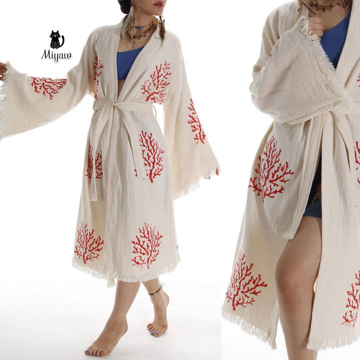 Organic Cotton Red Sea Coral Beach Kimono: Eco-Friendly Handmade Robe