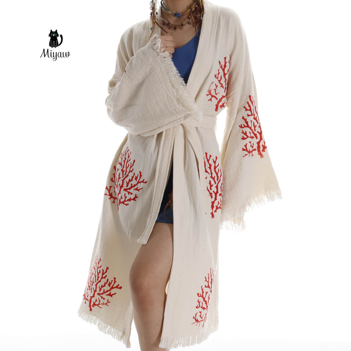 Organic Cotton Red Sea Coral Beach Kimono: Eco-Friendly Handmade Robe