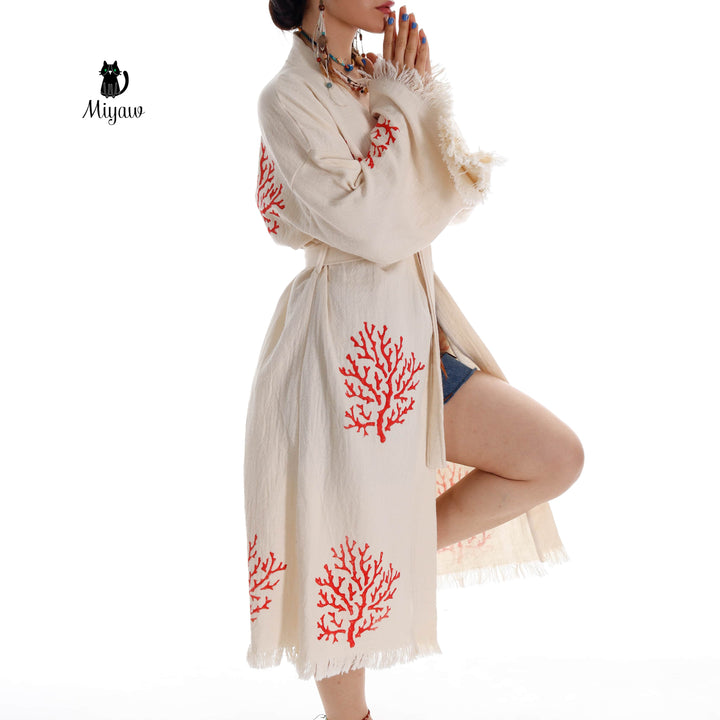 Organic Cotton Red Sea Coral Beach Kimono: Eco-Friendly Handmade Robe