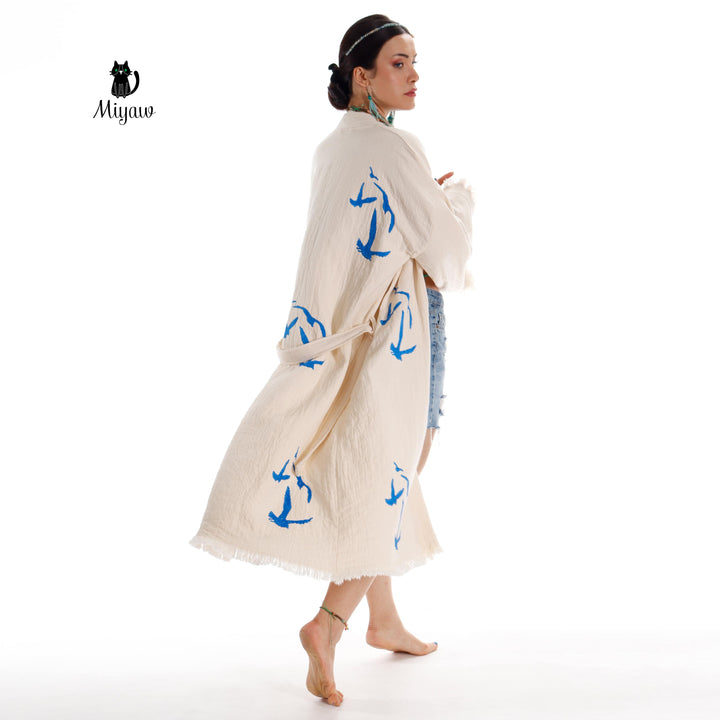 Handcrafted Seagull Print Kimono Robe in Organic Cotton - Bohemian Beach Cover Up