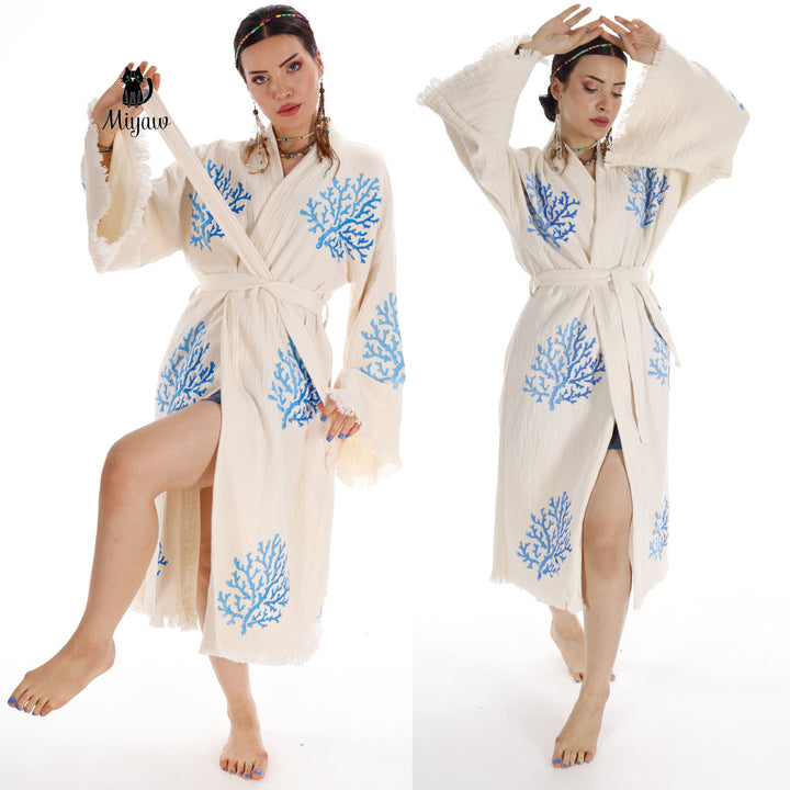 Handcrafted Organic Cotton Kimono in Blue Sea Coral