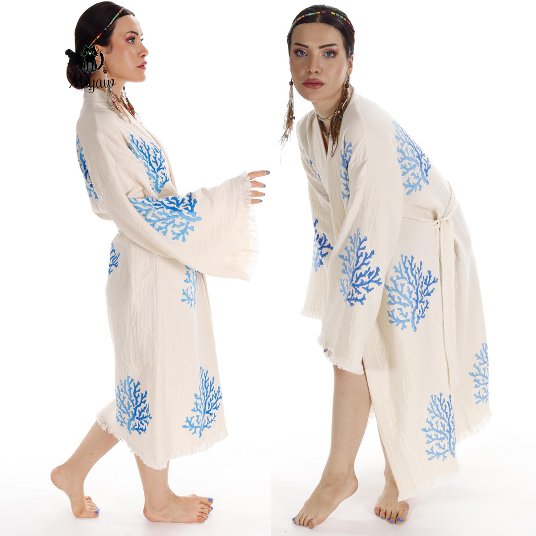 Handcrafted Organic Cotton Kimono in Blue Sea Coral