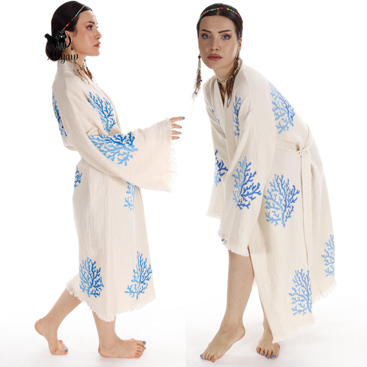 Handcrafted Organic Cotton Kimono in Blue Sea Coral
