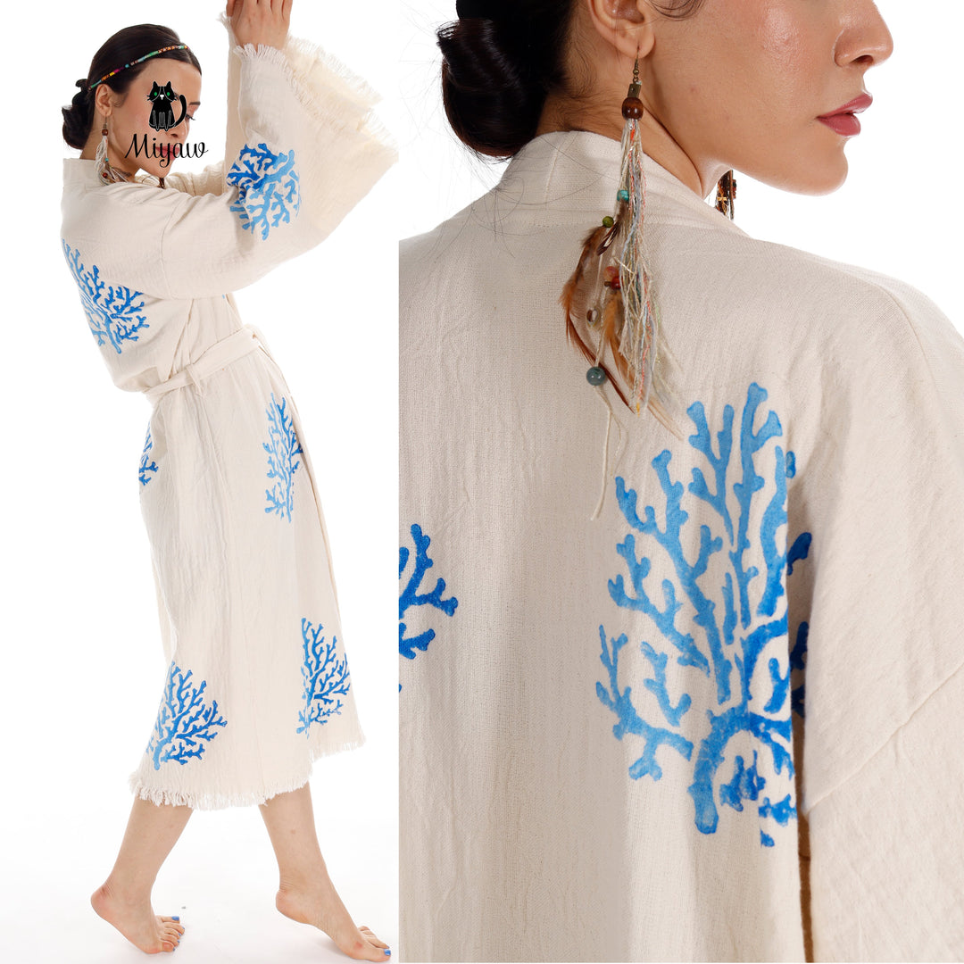 Handcrafted Organic Cotton Kimono in Blue Sea Coral