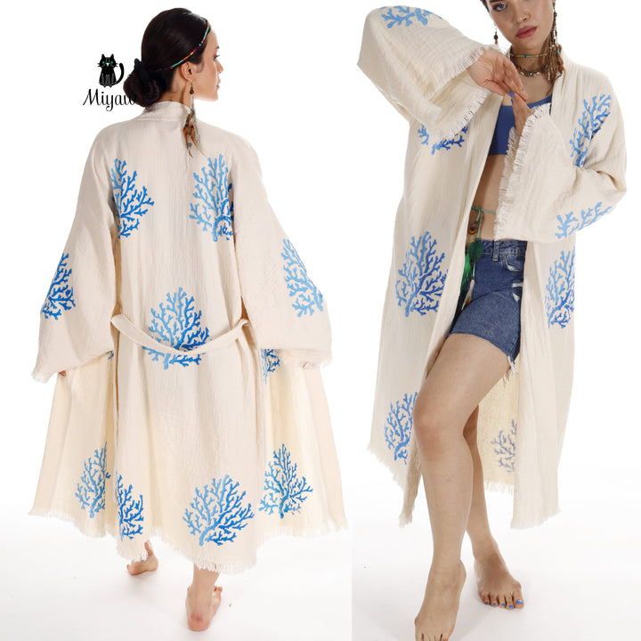 Handcrafted Organic Cotton Kimono in Blue Sea Coral