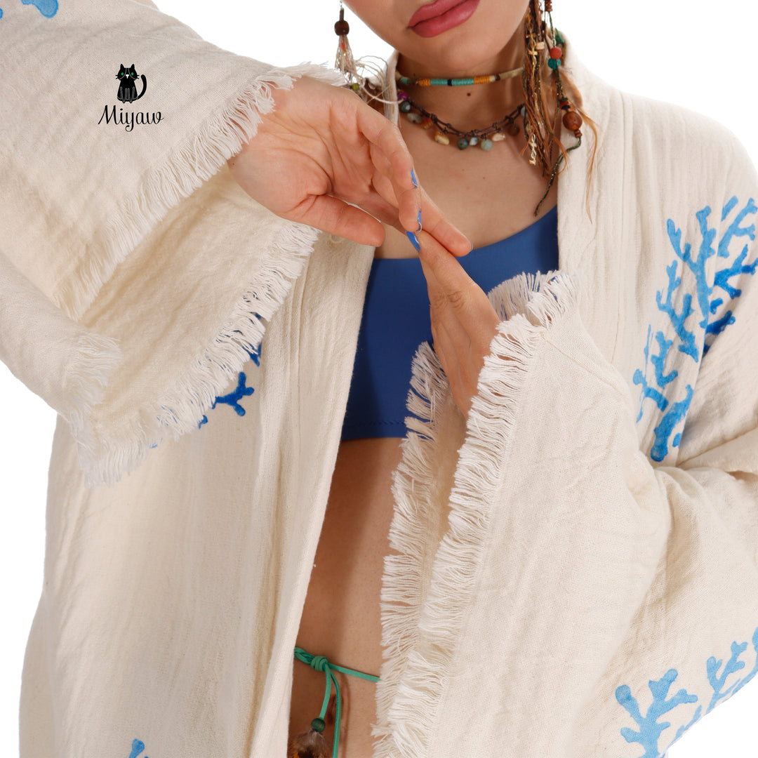 Handcrafted Organic Cotton Kimono in Blue Sea Coral