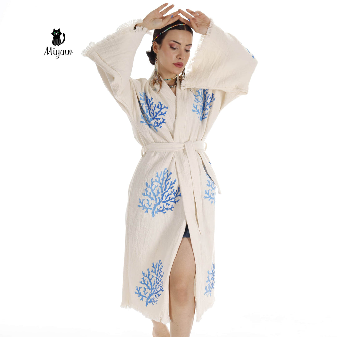 Handcrafted Organic Cotton Kimono in Blue Sea Coral