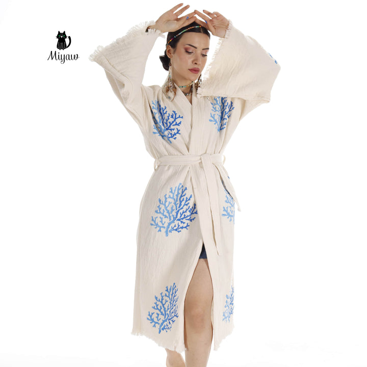 Handcrafted Organic Cotton Kimono in Blue Sea Coral