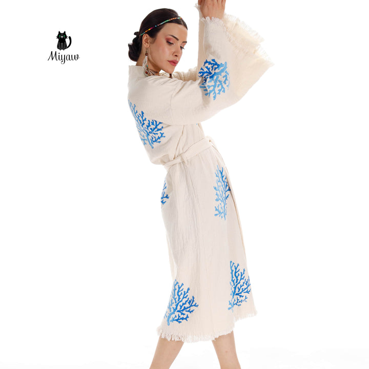 Handcrafted Organic Cotton Kimono in Blue Sea Coral