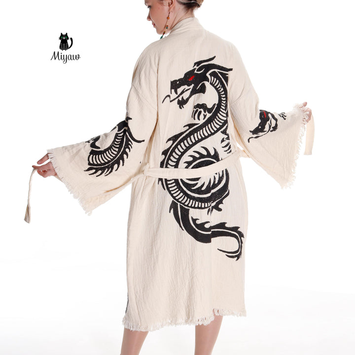 Boho Cotton Bath Robe – Organic Cotton Kimono Robe for Women, Dragon Gown &amp; Beach Cover Ups