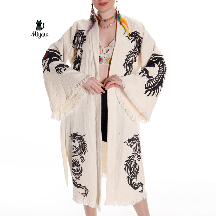Boho Cotton Bath Robe – Organic Cotton Kimono Robe for Women, Dragon Gown &amp; Beach Cover Ups
