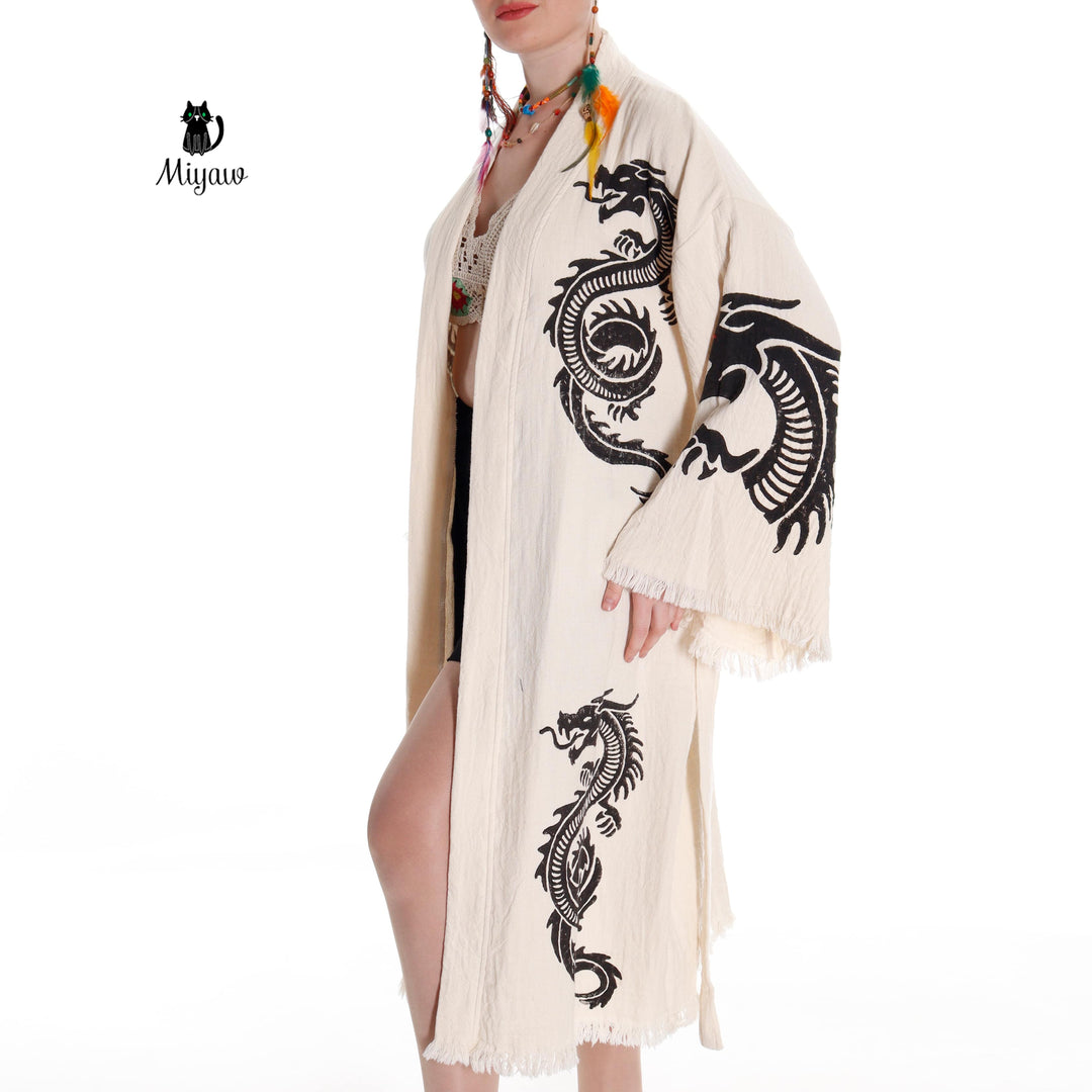 Boho Cotton Bath Robe – Organic Cotton Kimono Robe for Women, Dragon Gown &amp; Beach Cover Ups