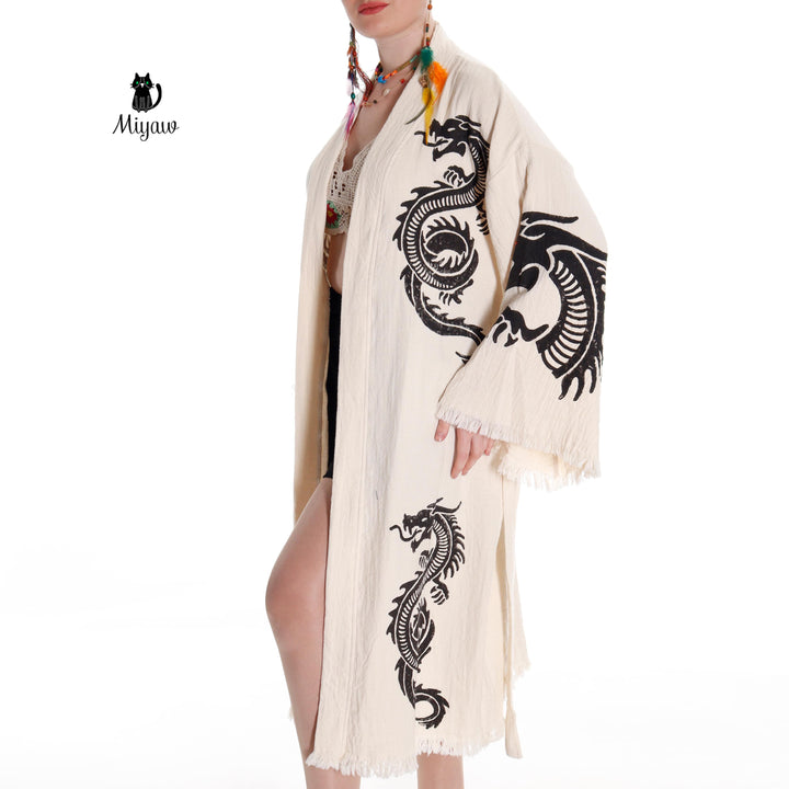 Boho Cotton Bath Robe – Organic Cotton Kimono Robe for Women, Dragon Gown &amp; Beach Cover Ups