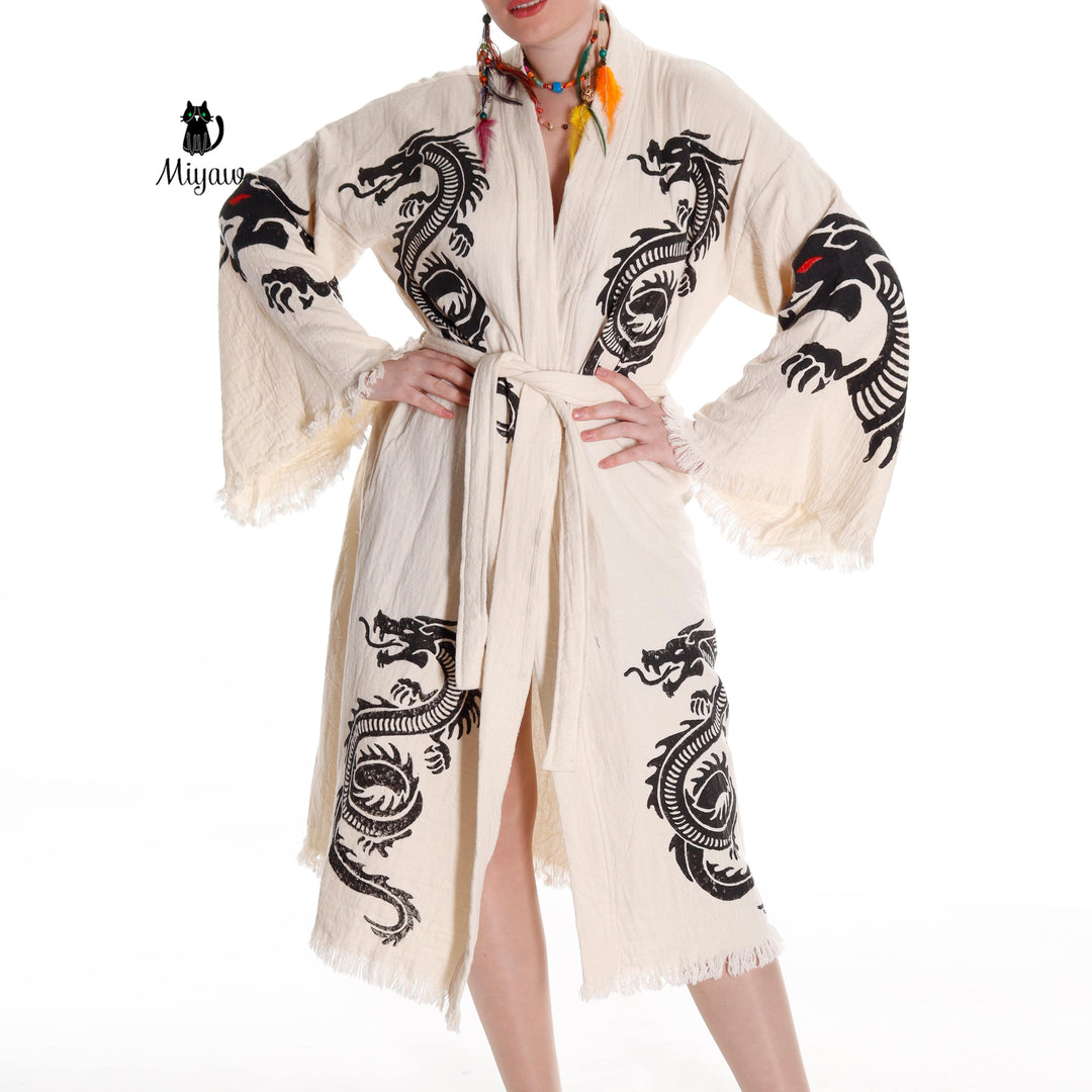 Boho Cotton Bath Robe – Organic Cotton Kimono Robe for Women, Dragon Gown &amp; Beach Cover Ups