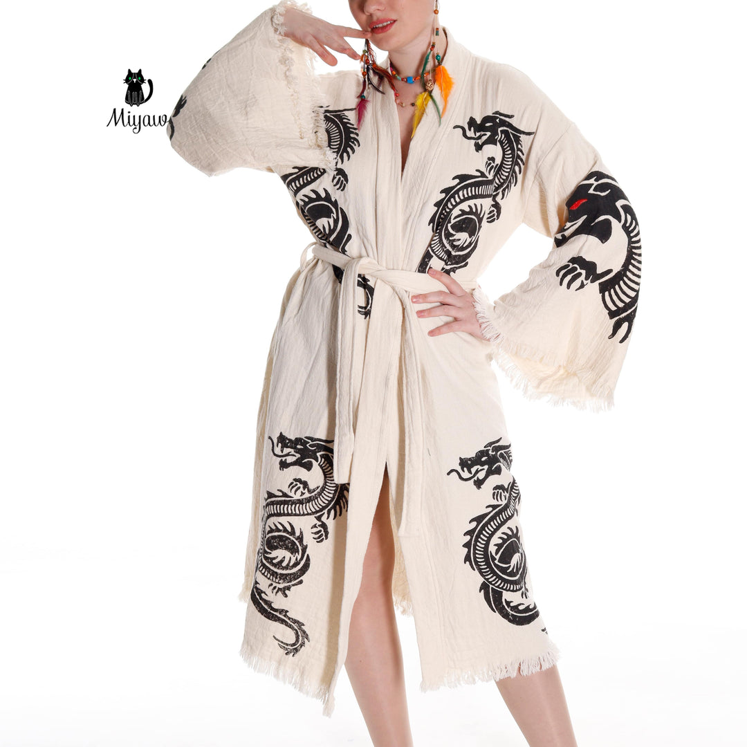 Boho Cotton Bath Robe – Organic Cotton Kimono Robe for Women, Dragon Gown &amp; Beach Cover Ups