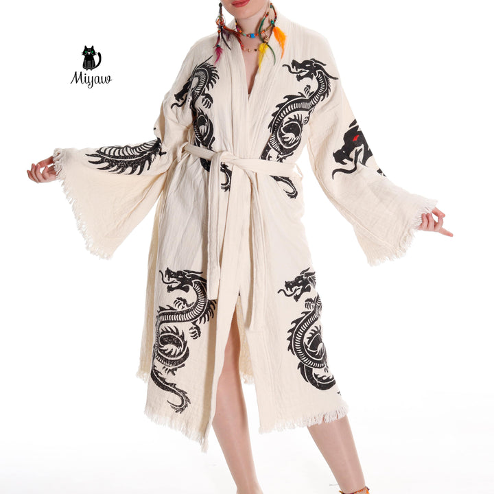 Boho Cotton Bath Robe – Organic Cotton Kimono Robe for Women, Dragon Gown &amp; Beach Cover Ups