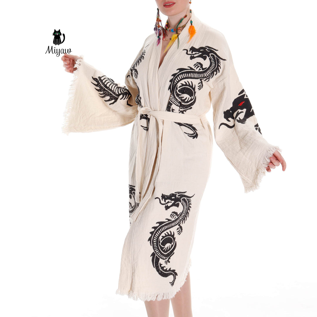 Boho Cotton Bath Robe – Organic Cotton Kimono Robe for Women, Dragon Gown &amp; Beach Cover Ups
