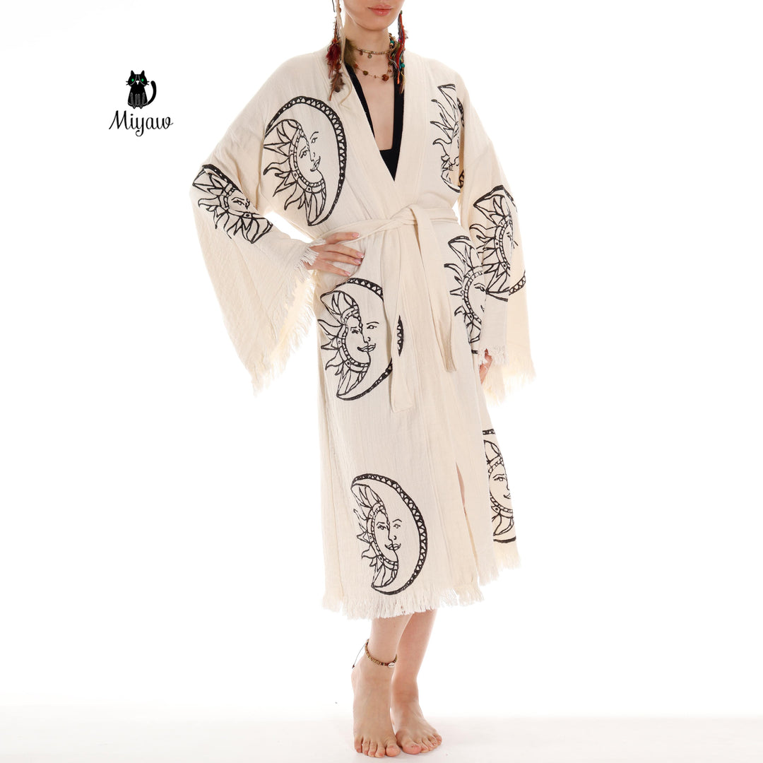 Boho Moon and Sun Print Organic Cotton Kimono Robe for Beach Days
