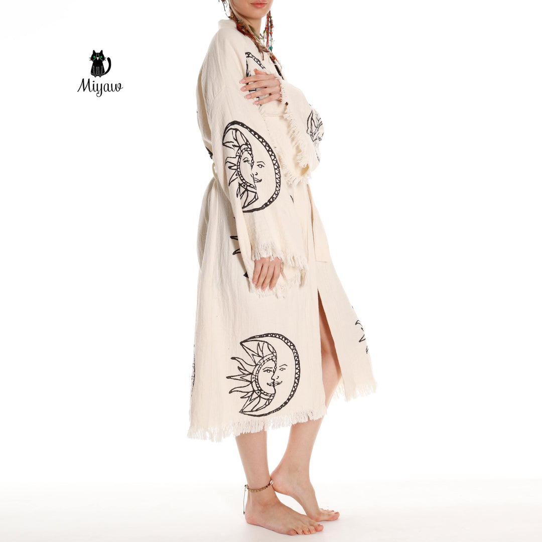 Boho Moon and Sun Print Organic Cotton Kimono Robe for Beach Days