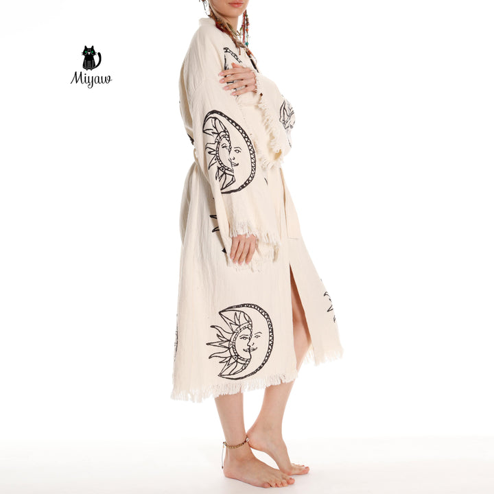 Boho Moon and Sun Print Organic Cotton Kimono Robe for Beach Days