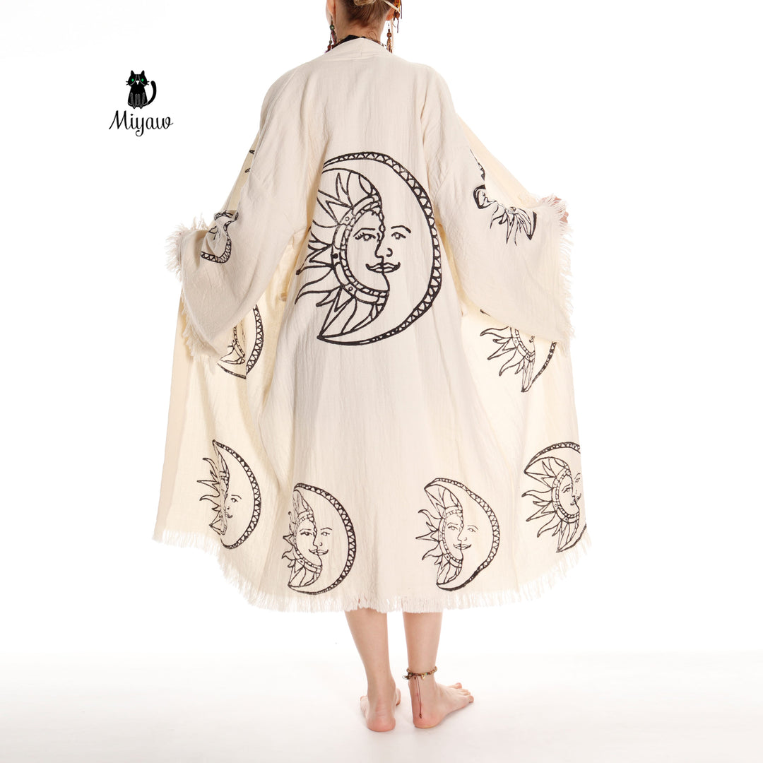 Boho Moon and Sun Print Organic Cotton Kimono Robe for Beach Days