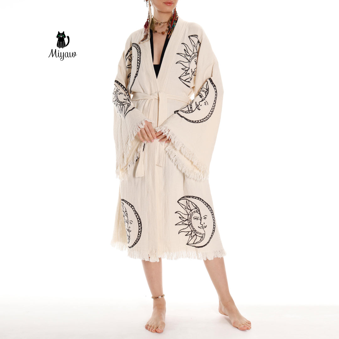 Boho Moon and Sun Print Organic Cotton Kimono Robe for Beach Days