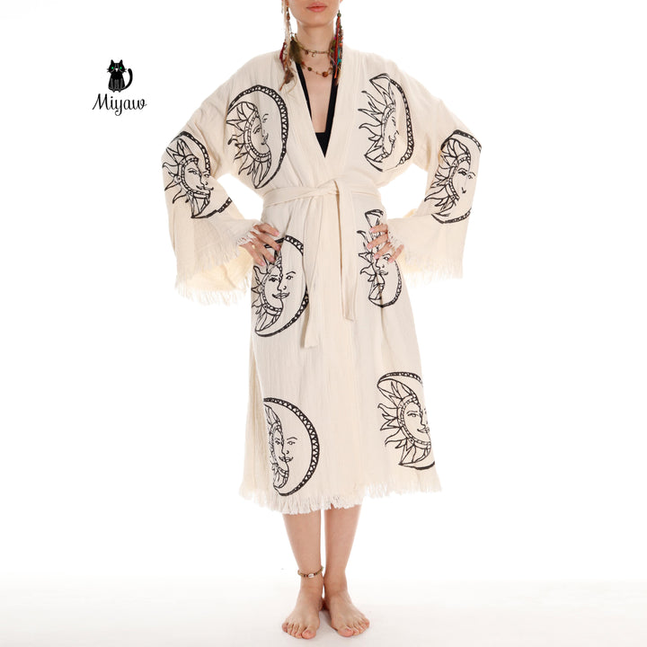 Boho Moon and Sun Print Organic Cotton Kimono Robe for Beach Days