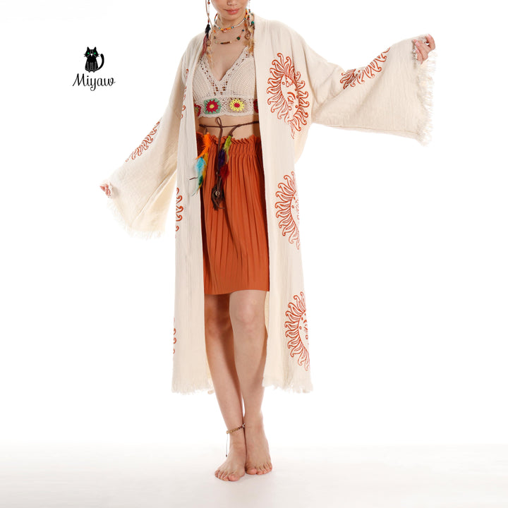 Unique Sun Stamped Robe: Eco-Friendly Organic Cotton Boho Kimono