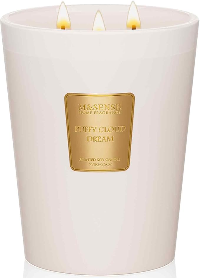 M&amp;SENSE Puffy Cloud Dream Scented Candle, 35 OZ Extra Large 3 Wick Natural Soy Wax Candles 150 Hours Long Lasting Slow Burning, Candles Gift for Spring Home Decor