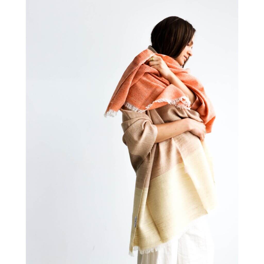 Chestnut Orange Cream Color Block Handwoven Merino Throw