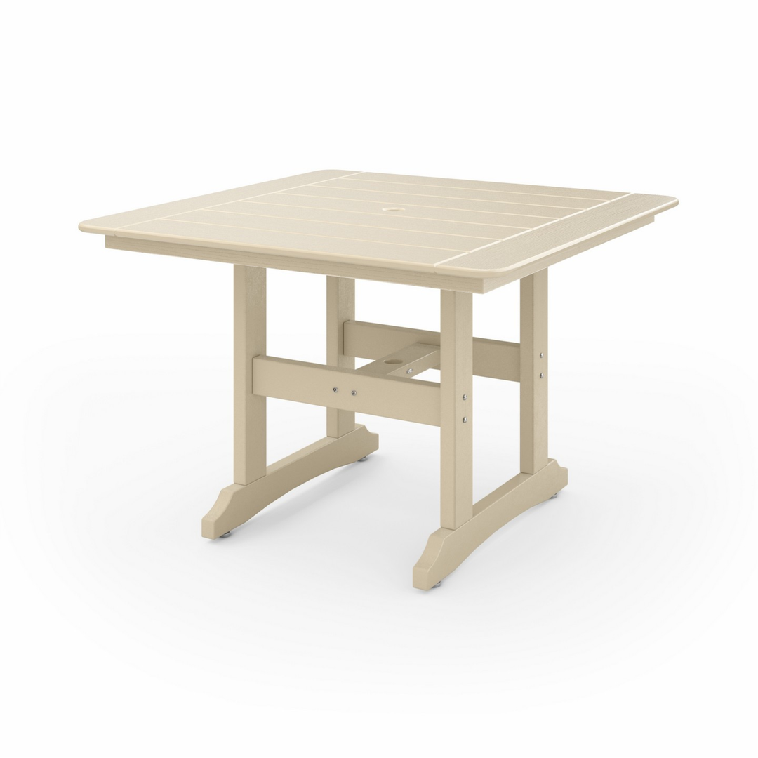44" Savannah Square Dining Table in beige recycled HDPE lumber with square slat tabletop and sturdy weather-resistant construction