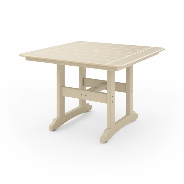 44" Savannah Square Dining Table in beige recycled HDPE lumber with square slat tabletop and sturdy weather-resistant construction